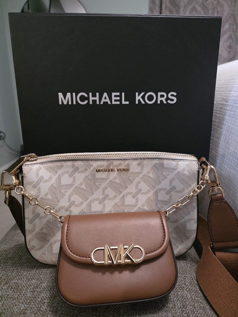 Michael Kors Beige Signature & Brown Double Crossbody Set